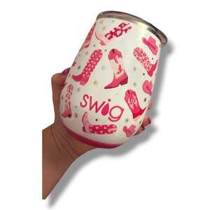 Swig Life 14oz Insulated Stainless Steel Stemless Cup Pink Cowboy Boot Print